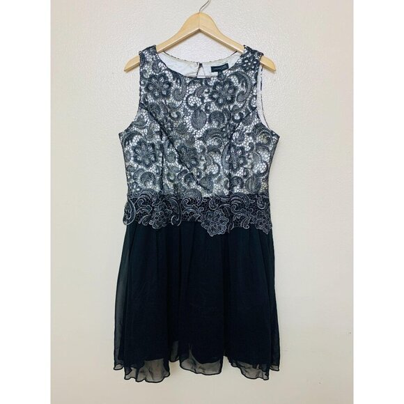 London Times Lace Open Back Tulle Mesh Cocktail Dress Size 14 Black Silver - Picture 1 of 11